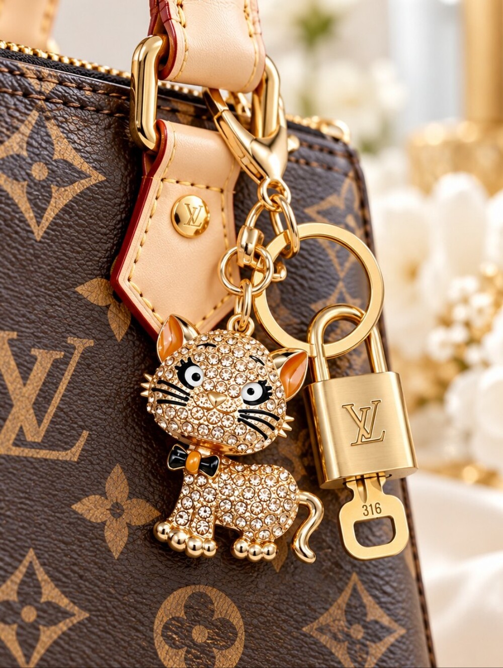 Authentic Louis Vuitton Gold Lock & Key with unbranded Cat Bagcharm Keycharm